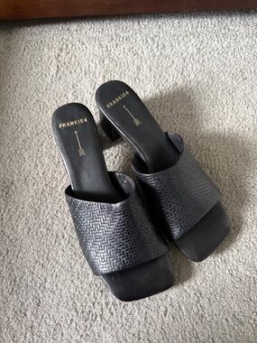 Frankie4 Black Woven Block Heel Slide Mules